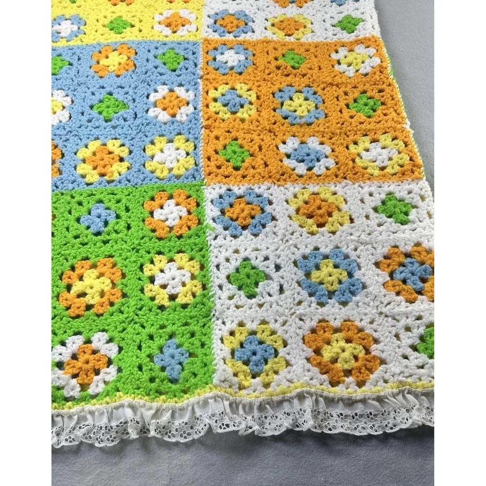 Handmade Crochet Knit Flower Blanket Eyelet Yellow Blue Green Afghan Baby 28x40
